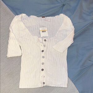 Free People Cream Button-Down Ribbed Top